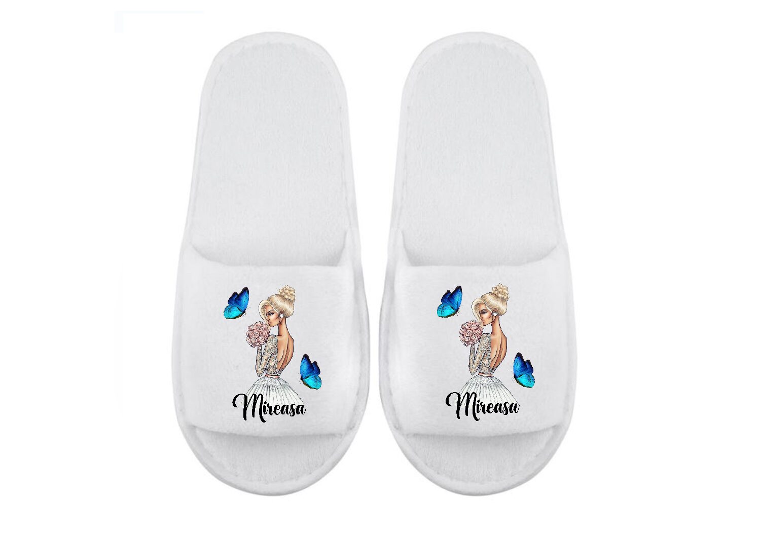 Papuci mireasă blondă fluturi albaștri