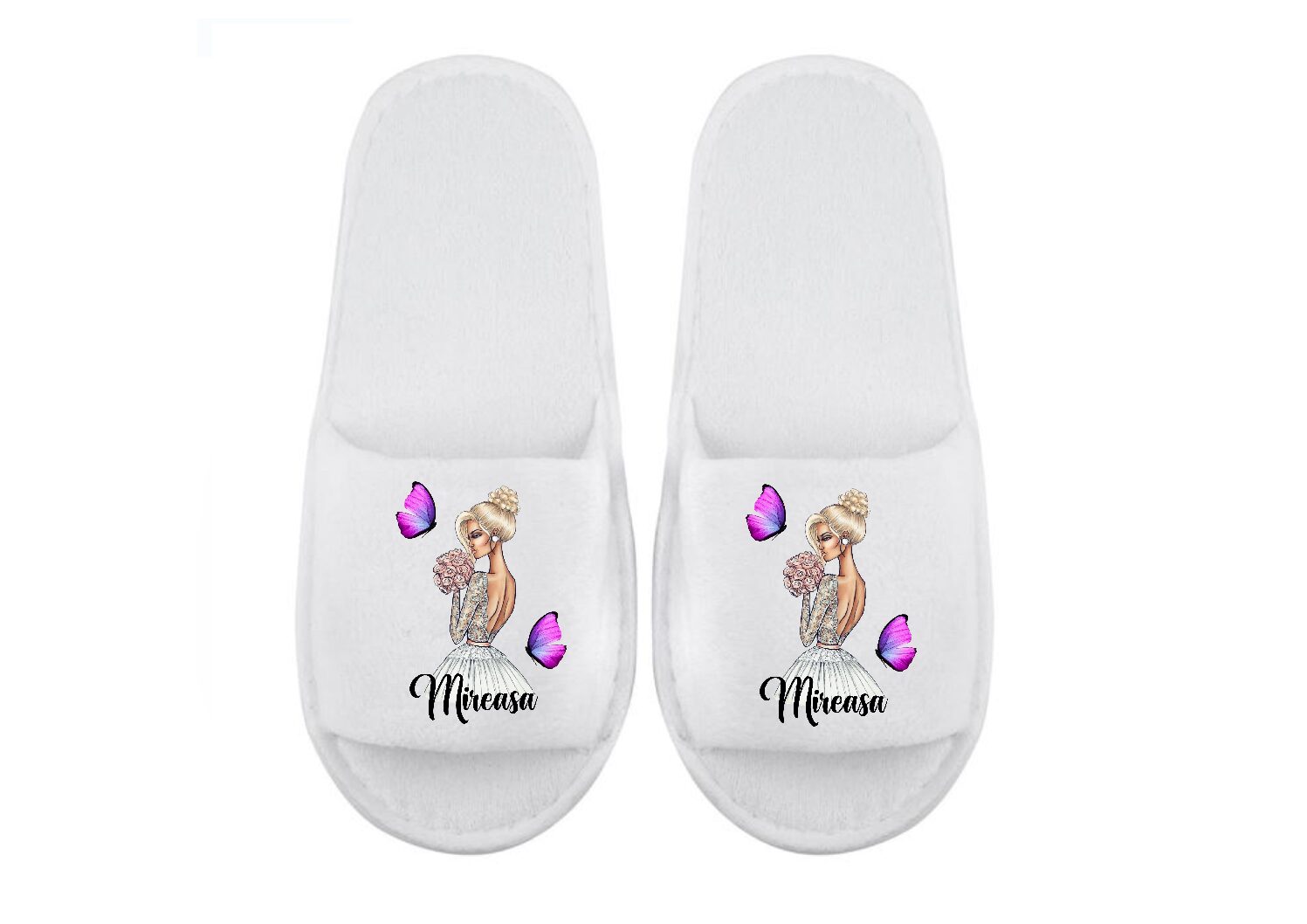 Papuci mireasă blondă fluturi mov