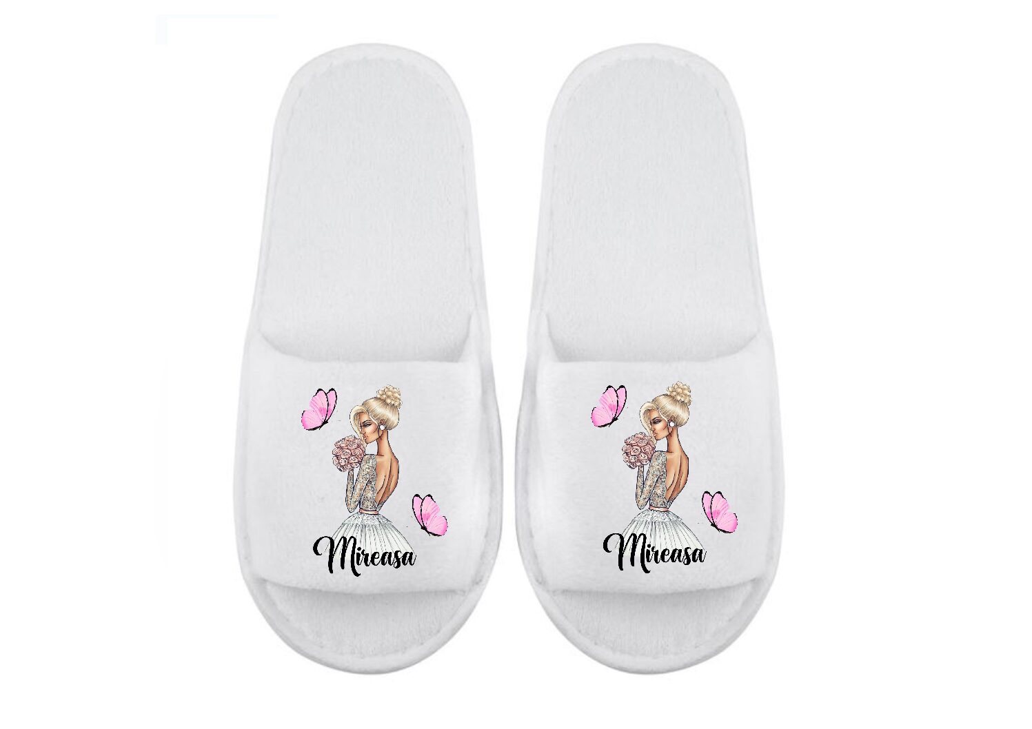 Papuci mireasă blondă fluturi roz
