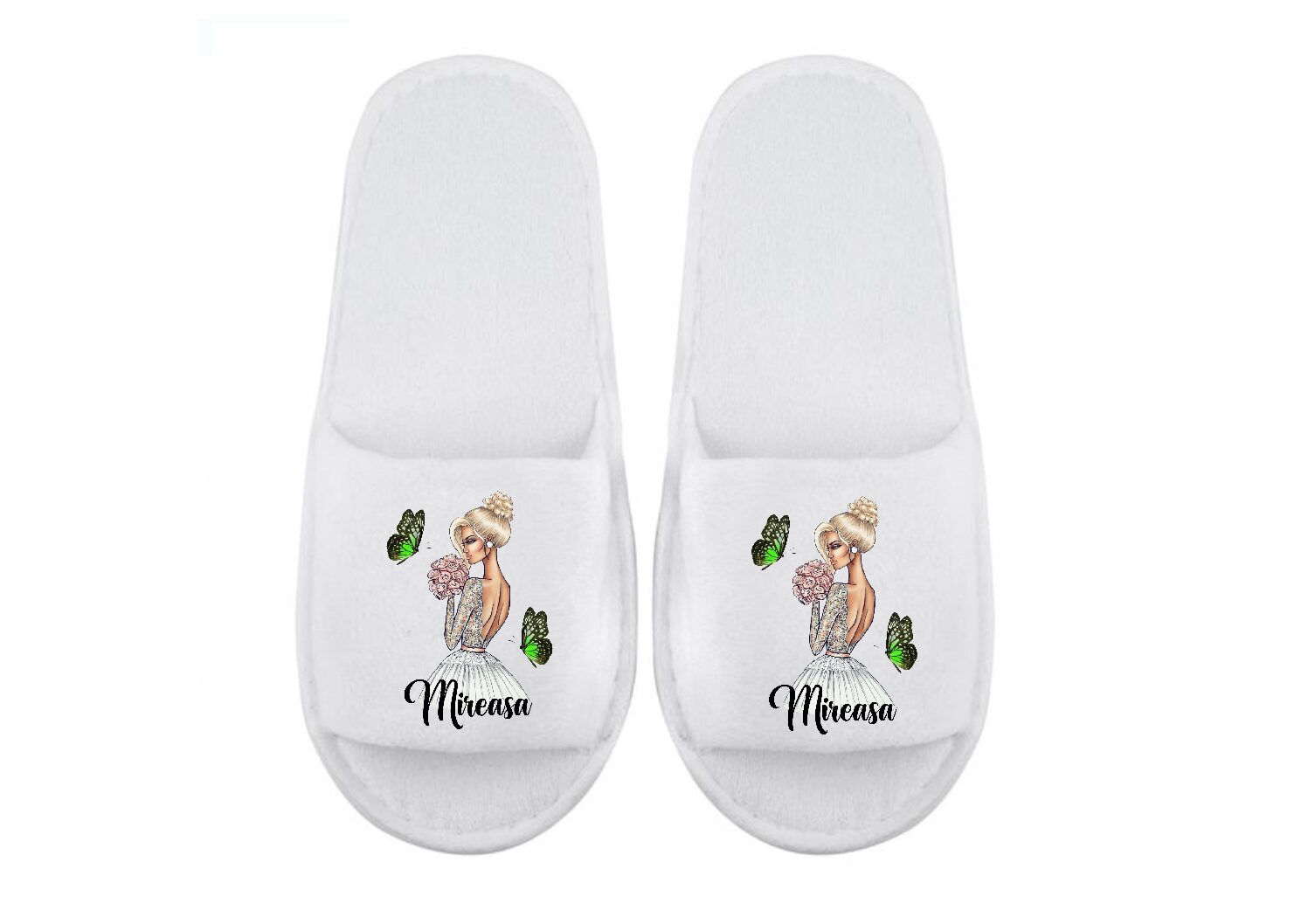 Papuci mireasă blondă fluturi verzi