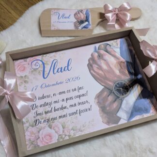 Tavă pentru bărbieritul mirelui personalizată cu nume, dată și perie de bărbierit, cadou pentru nuntă