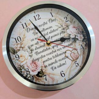 Ceas personalizat pentru nasi cu mesaj de multumire si design floral elegant